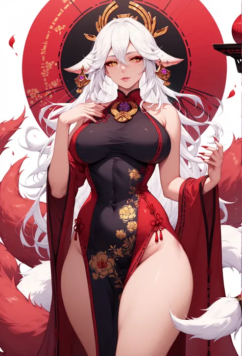 mixed_artwork style, (detailed eyes), (Mature woman), beautiful woman, breasts, (yae miko hair, white hair), (red oriental dress), yellow eyes, mole under eye, huge body, standing, pretty nails, kitsune tail