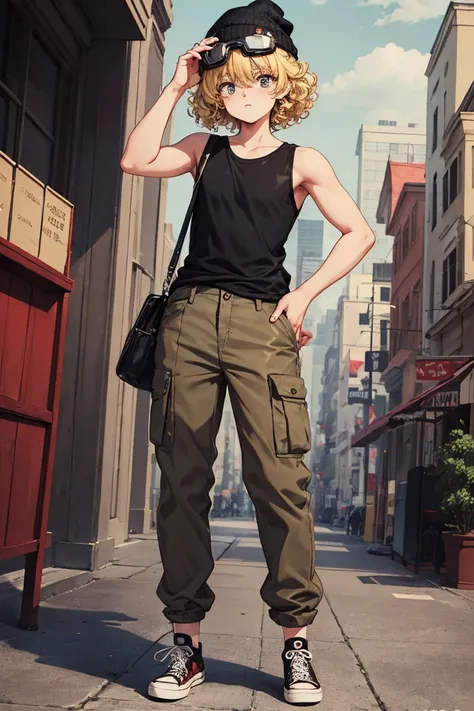 Male, overweight, short stature, curly blonde hair, androgynous face, black sleeveless shirt, brown couduroy pants, black converse, black beanie with goggles built-in.