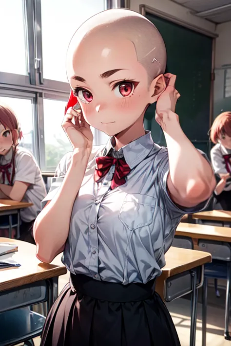 1 girl, aizawa tomo, 18yo, ((buzzcut shaved head)), red hair, thick brows, red eyes, big brests, tall height, uniforme escolar, traje verde, camisa blanca, corbata roja, tomboy, classroom, touching her head, embarrassed, friends touch their heads
