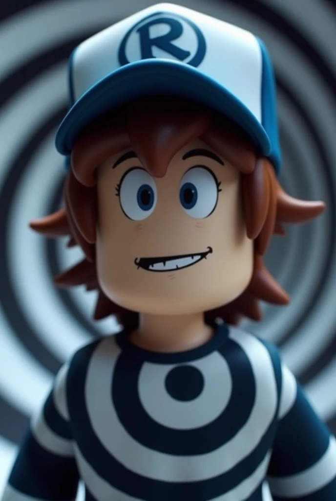 Roblox Movie,  A character with brown hair ,  a white and blue cap that covers the entire back of the hair,  with the angle above the shoulders , roupa do personagem dipper de gravity Falls, black and white spiral background ,  male character 