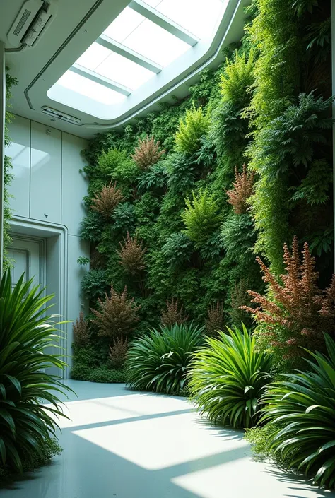 Plants on the wall of a closed room with a very modern and technological irrigation system with temperature control plants but all on a suitable material on the wall with colored plants and palms with technological irrigation and add small architectural de...