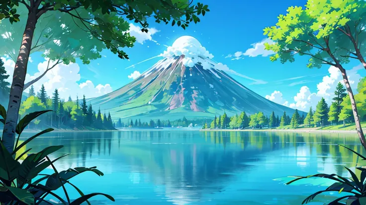 Create a view of a lake with crystal clear water , super details, vegetation and trees blue sky and a volcano in the background, Green-colored volcano with vegetation
Waiting to start 
