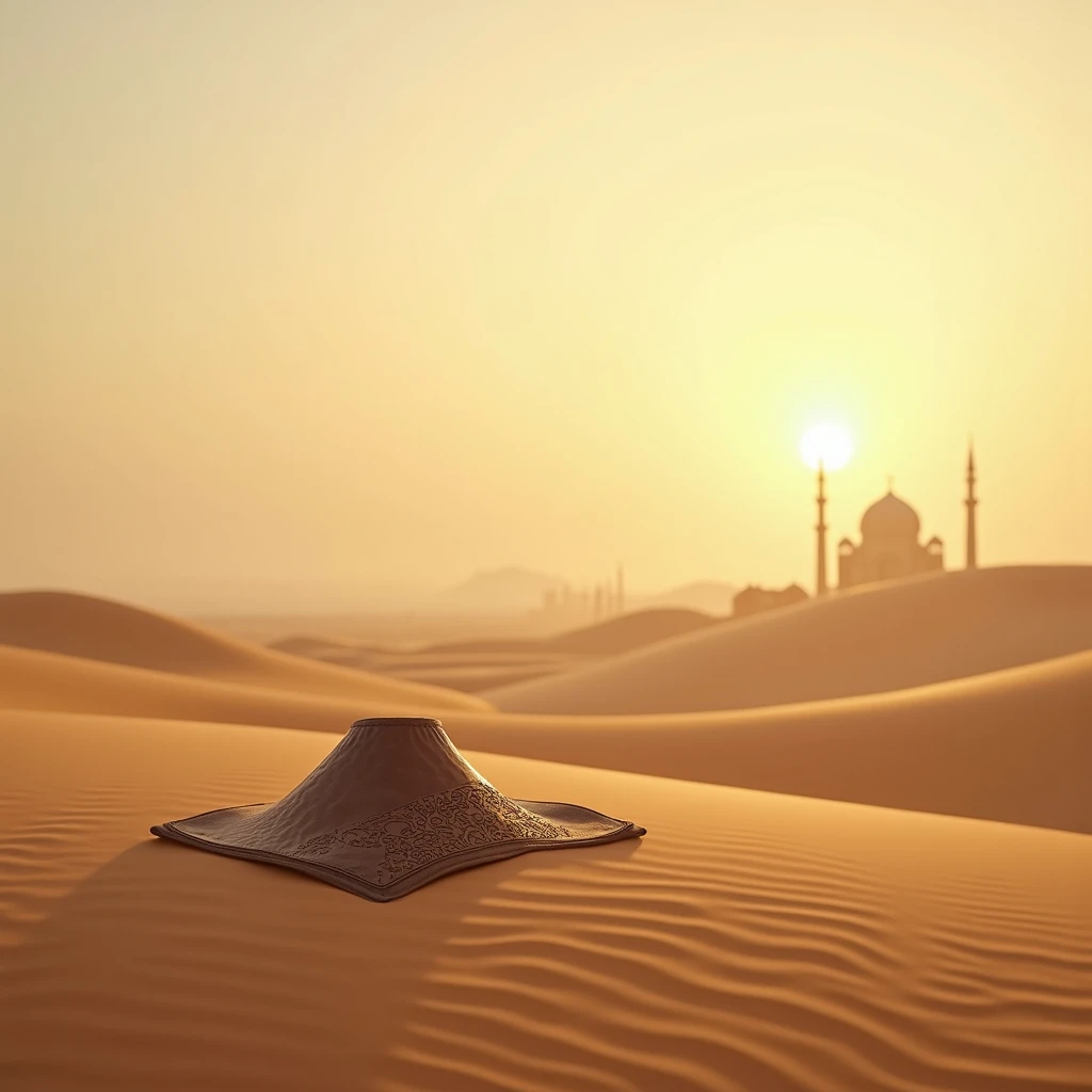 "A peaceful, serene scene set in the early morning light, with a vast open landscape of soft, golden sand dunes. In the foreground, a simple and humble camel saddle rests on the ground, symbolizing Abu Bakr (RA)’s humility and his journey with the Prophet ...