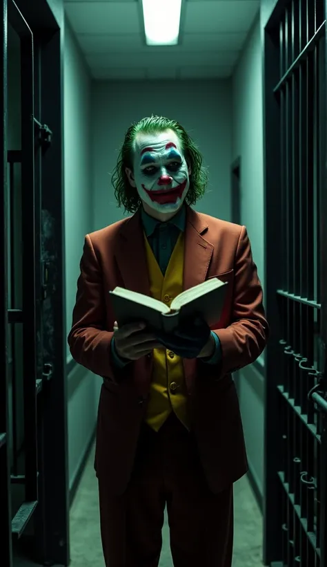  The Joker is standing inside a prison cell , but, This time,  he seems calmer than usual ,  almost meditative .  He stares intently at the open Bible in his hands ,  as if he were immersed in the sacred words , but com um sorriso enigmático no rosto,  If ...