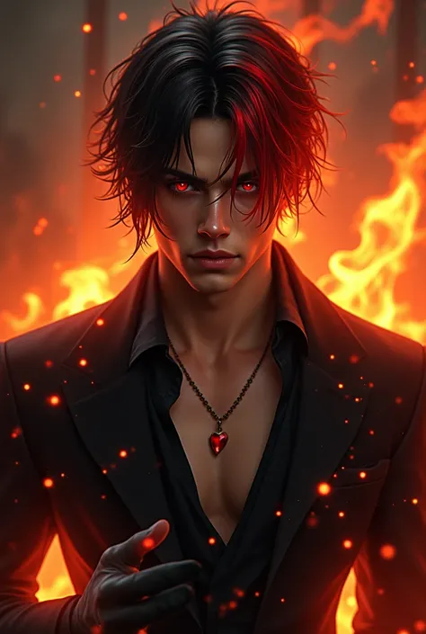  An attractive handsome boy ,  who has red and black hair ,  who has a scar on his eye ,  who has red and black eyes , That he wears black clothes with a tie and that his chest shows a little bit on his shirt, Who wears black gloves ,  and who looks like t...