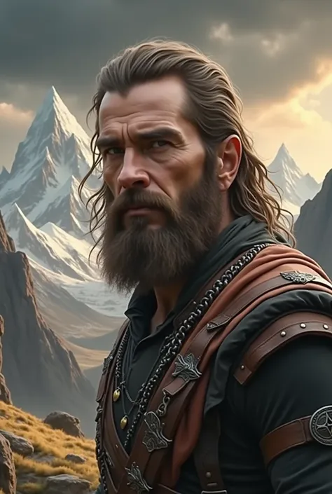 Digital artwork featuring a rugged, bearded man with long, flowing hair set against a dramatic mountainous landscape. The man has a strong jawline, piercing eyes, and a weathered complexion, suggesting a life of adventure. He wears a dark tunic with intric...