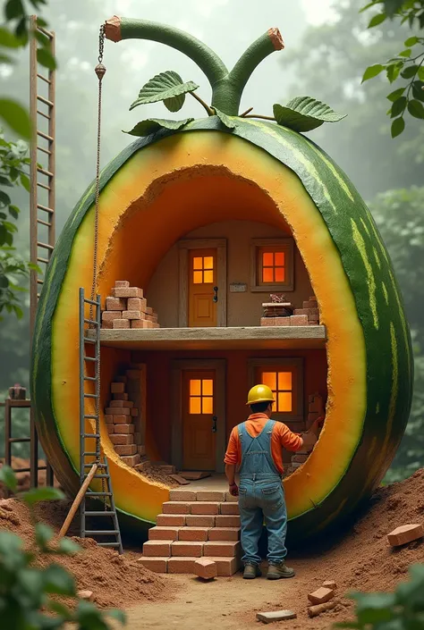 "A hyper-realistic and hyper-detailed depiction of a construction worker building a cozy home inside a giant fruit, such as a watermelon, pineapple, or strawberry. The fruit is hollowed out, with scaffolding and tools scattered around as the worker careful...