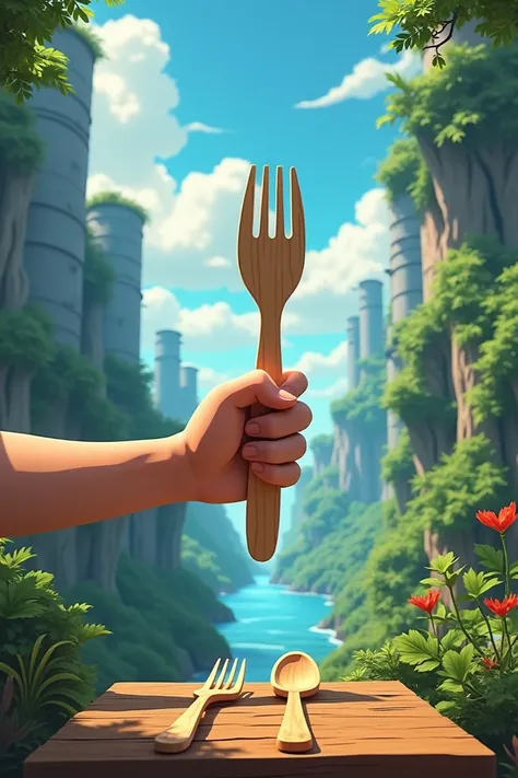 A short, impactful animation featuring a hand in sharp focus holding a plastic fork in the center of the frame. The background starts as a polluted, urban scene with gray skies, smog, and factory chimneys emitting smoke. Suddenly, the hand snaps the plasti...