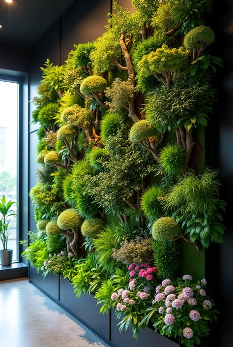 Plants on the wall of a closed room with a very modern irrigation system with temperature-regulating plants with flowers but all on a suitable material on the wall with bonsai plants and trees