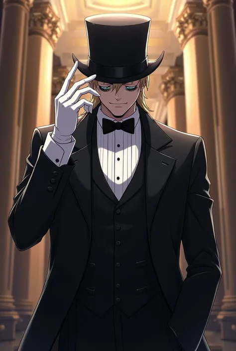 Crie um heroi de my hero academia, with top hat, white mascara,  black overcoat , black tuxedo and white gloves 