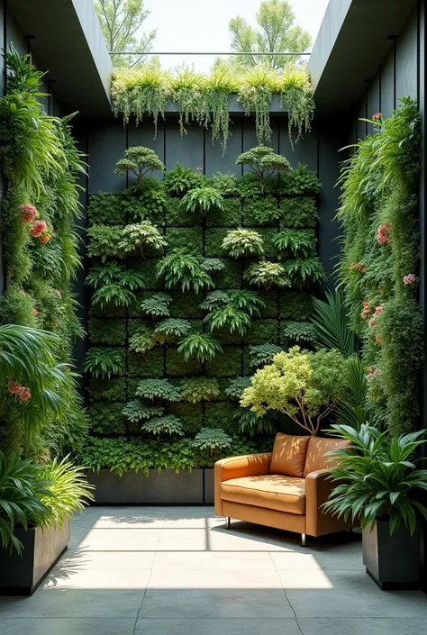 Plants on the wall of a closed room with a very modern irrigation system with temperature regulating plants with flowers but all on a suitable material on the wall with plants and bonsai trees around