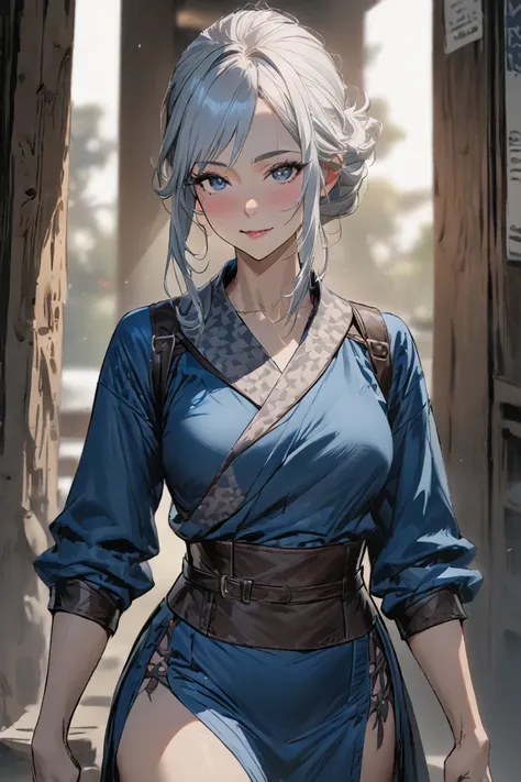 woman , white hair, friendly, DND clothes, Japanese scoundrel, leather hardening, black brown and blue colors, ( masterpiece), ( best quality ), ( ultra detailed )