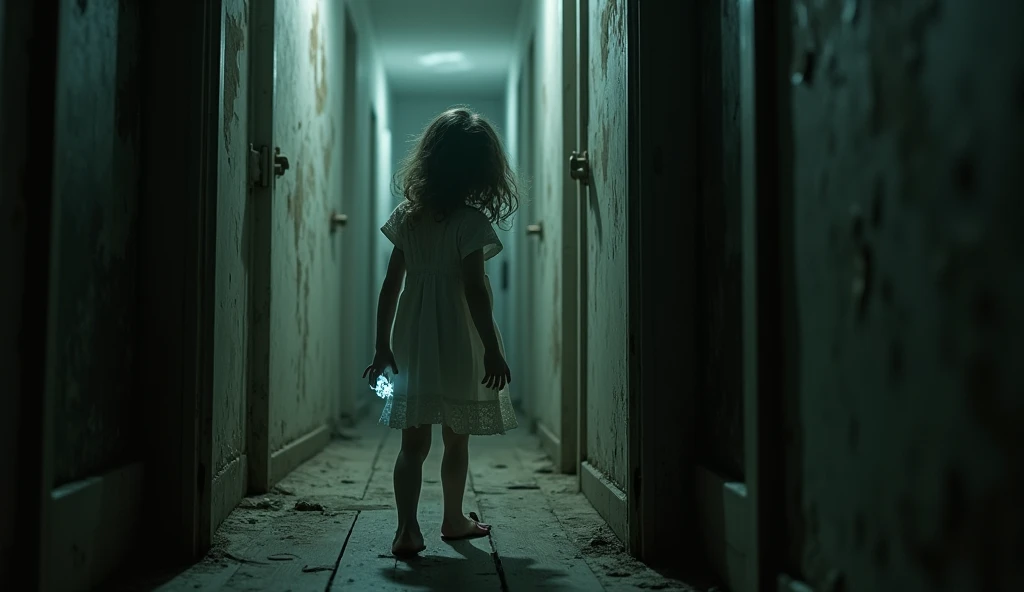 "Create an ultra-high-quality, terrifying horror scene set in a dimly lit, decaying apartment. The focus is on a narrow, dust-covered hallway with peeling paint and eerie shadows. At the end of the hallway, a partially open door reveals a dark, ominous roo...