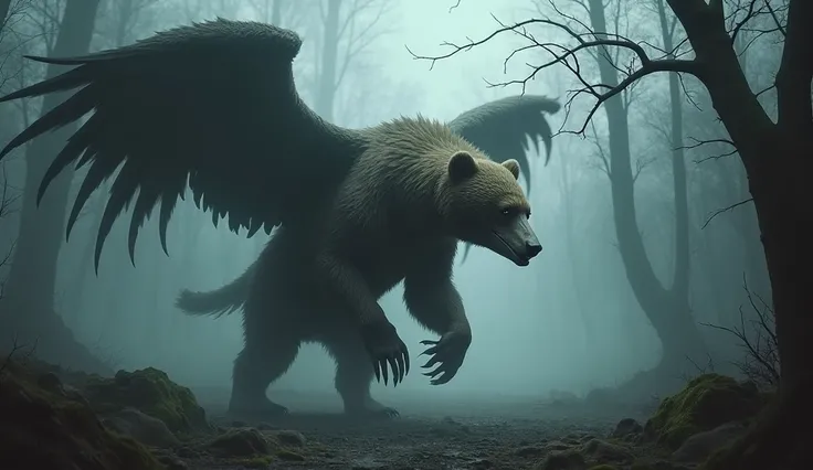 Create an image of a terrifying hybrid creature that seamlessly blends the features of a bear and a crane. The hybrid should have the strong, muscular body of a bear, with the sharp, graceful wings of a crane sprouting from its back. Its head should combin...