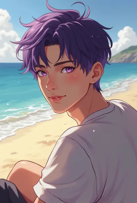 A handsome Asian man with purple hair and purple eyes and soft facial features. He looks at us with love. His eyes sparkle. He sits on the sand on a beach, to our left, and looks at us. 