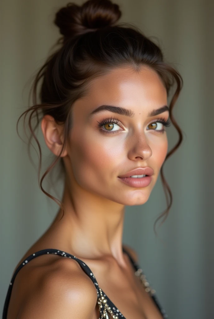 A stunning full-body portrait of a 22-year-old Middle Eastern woman with delicate facial features resembling Bella Hadid. She has captivating brown eyes, her hair tie in a bun, a sharp nose, and a light, enchanting smile. Her long, slender neck adds elegan...