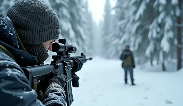 Call Of Duty first person two snipers in glacier heavy snow on pine trees 