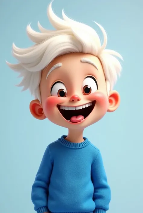 A boy with white hair and wearing a blue sweater. He is smiling and sticking out his tongue in amusement, his head slightly tilted and his pose sideways.