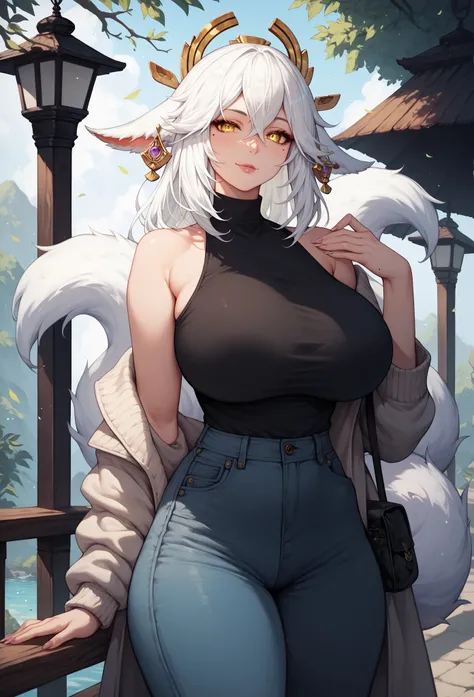 mixed_artwork style, (detailed eyes), (Mature woman), beautiful woman, huge breasts, (yae miko hair, white hair), (casual clothes), yellow eyes, mole under eye, huge body, standing, pretty nails, kitsune tail