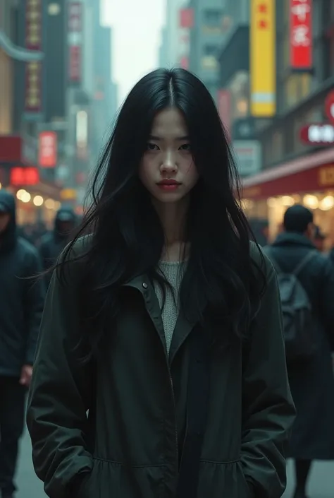 A woman walking around the city with her back with long black hair and while all the people who are there mumbling about her and she feels very sad and everyone looks at her 