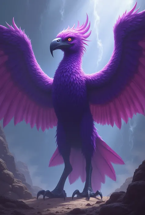 Giant purple-colored bird with beak and black legs with 4 wings