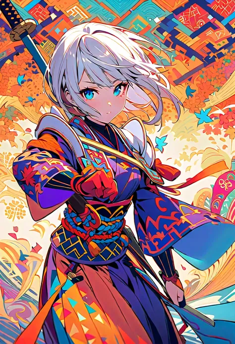 {worst quality, low-quality}, A vibrant and colorful illustration of an anime-style female samurai character with white hair, holding her sword in front of her face. She wears a traditional Japanese costume decorated with autumn leaves, and the background ...