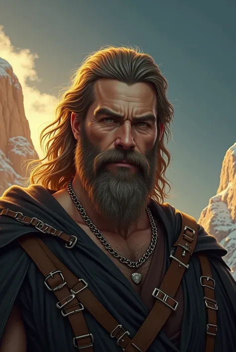 Digital artwork featuring a rugged, bearded man with long, flowing hair set against a dramatic mountainous landscape. The man has a strong jawline, piercing eyes, and a weathered complexion, suggesting a life of adventure. He wears a dark tunic with intric...