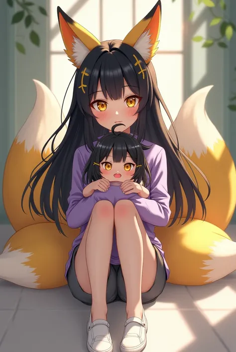 A sympathetic young adult girl from anime,  black hair with yellow threads,  yellow eyes , fox ears, purple shirt, gray shorts ,  white shoes ,  two yellow fox tails , holding an anime baby ,  black hair with orange threads, orange eyes