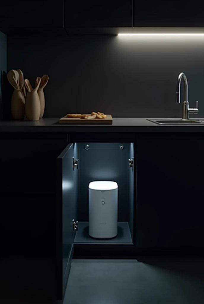 I want a dark kitchen  ,  with a very small, white water filter machine installed under the sink in the cabinet.The machine must be smaller  , the white machine must be more compact and narrow , And that machine must be under the sink 