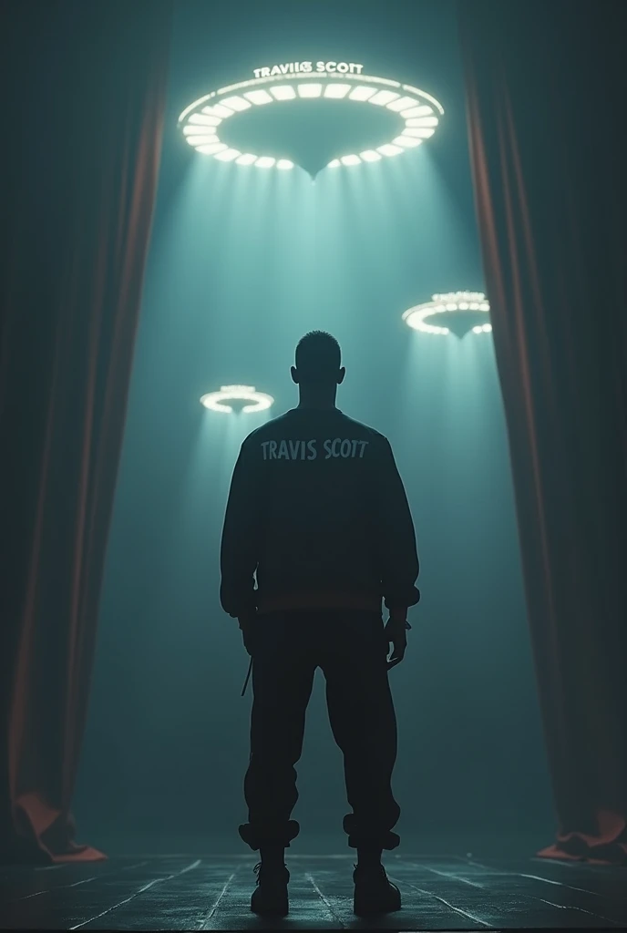 Create for me an ultra-realistic album cover of the rapper Travis Scott from behind with UFOs who arrives to look for him on a stage and I want the name of Travis Scott on the stage curtains 