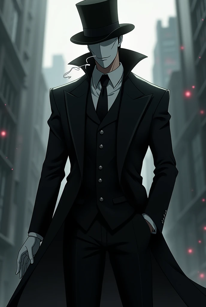 Create a character based on My Hero Academia , with white mask, smoking preto,  black overcoat , white gloves and top hat 