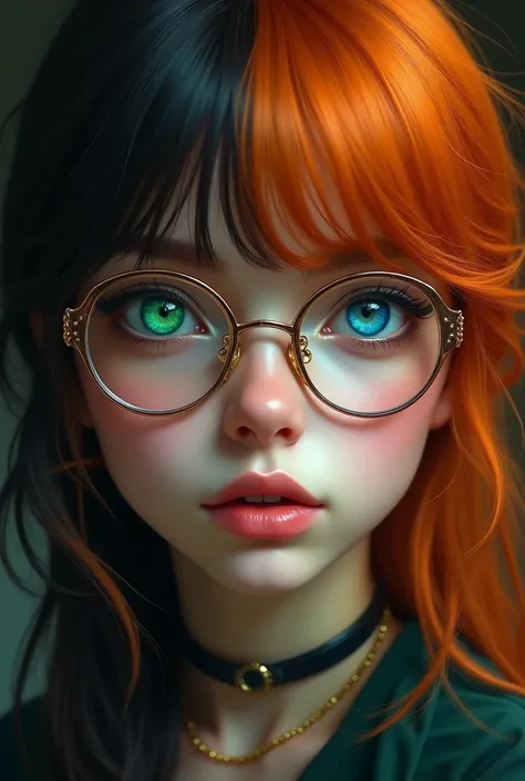 girl with half black hair half ginger, one blue eye on the black side and one green eye on the ginger side. She has gold trim glasses
