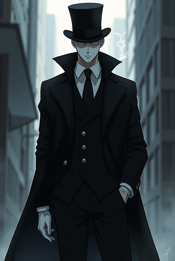 Create a character based on My Hero Academia , with white mask, smoking preto,  black overcoat , white gloves and top hat 