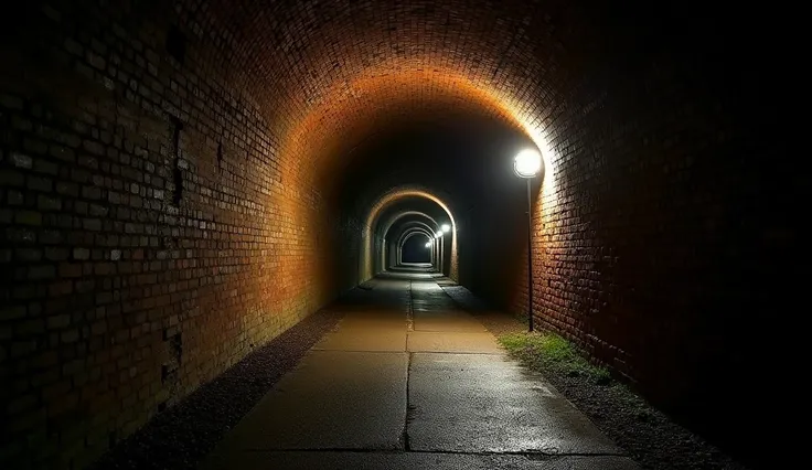  create the image running inside an exposed brick tunnel during the night. The one is from the bottom up and only shows the lights and bricks of the tunnel .  the photo was taken during the night , therefore,  is dark .