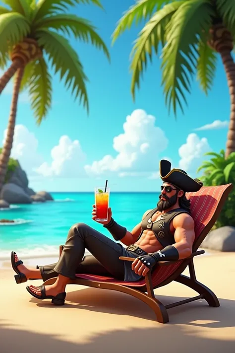 Plage Fortnite avec le skin braqueuses qui boit un coktail sur un transatate