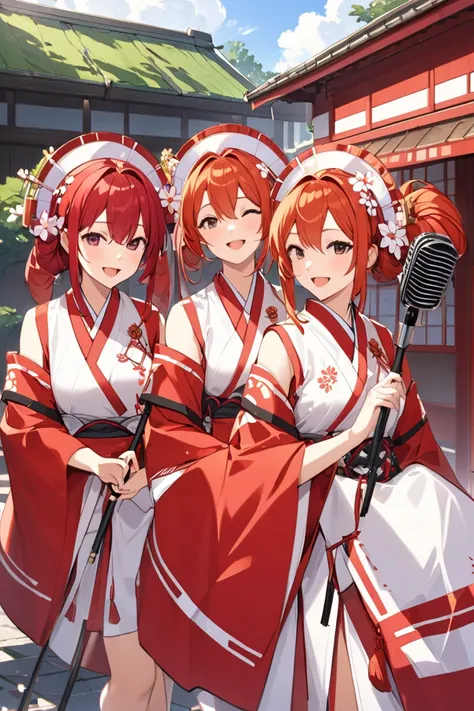 Perhaps taking a break from their miko part-time jobs, the shrine maidens use brooms as stand-up microphones and sing enthusiastically like soul singers or jazz singers. 