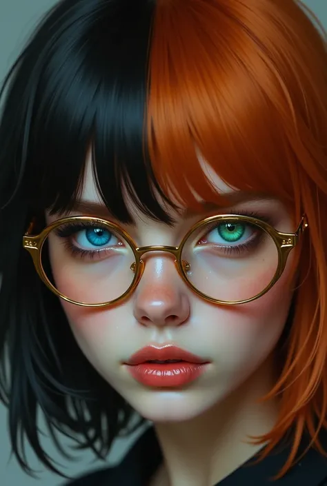 girl with half black hair half ginger, one blue eye on the black side and one green eye on the ginger side. She has gold trim glasses
