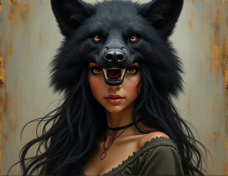 Brown girl with black hair and orange eyes,  with a black wolfs head hat Wolf Head Hat black Winter Ushanka Hat Ear Protective Hat Skiing Cycling Hat that goes up to her shoulders and with more fur,  show the wolfs teeth as if she didnt have the lower part...