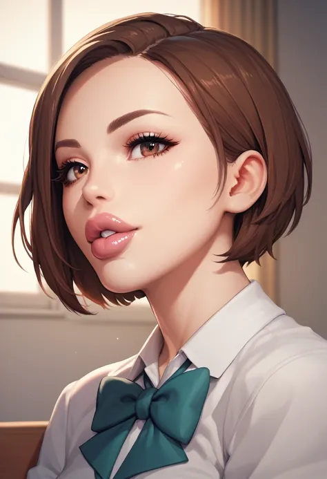 1girl, 1boy, Nobara Kugisaka, brown eyes, brown hair, short hair, school uniform, full lips, lip gloss, close up, sitting, solo, animetoreal
