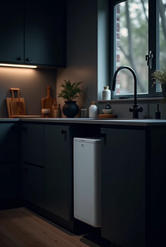 I want a dark kitchen  ,  with a very small, white water filter machine installed under the sink in the cabinet.The machine must be smaller  , the white machine must be more compact and narrow , And that machine must be under the sink , I want the kitchen ...