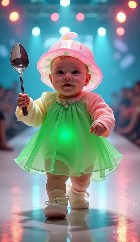  Create a realistic photo image of a plump fat baby parading on a fashion runway,  wearing a jelly costume . } The costume should look like a large jelly form with a translucent effect , in the colors green and pink .  The baby wears a hat that resembles a...