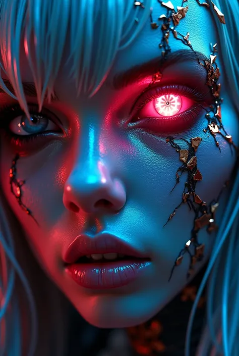 "A close-up of a cyberpunk-inspired face, combining human and mechanical elements. The skin is cracked and metallic, with neon lights glowing through the cracks. One eye is a glowing cybernetic implant, while the other retains a menacing human glare. The h...