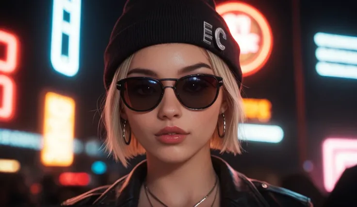 Face close up, alternative girl, watching over black sunglasses, jacket, necklace, neon light reflections on skin, ear ring, makeup, skin imperfection, short hair, beanie, neon lights background, low light, depth of field, highly detailed, high contrast, f...