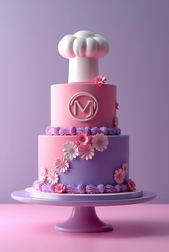 Hyperrealistic image of a cake whose theme is Master Chef confectionery colors pink and lilac purple with the Master Chef symbol large in front an M. 