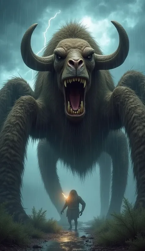 Mutant hybrid of a tarantula with the head of an angry camel and roaring on a stormy night