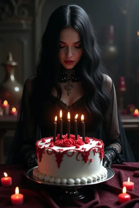   with long hair and black , having a birthday, As a Gothic theme ,   white cake with red details and black candles