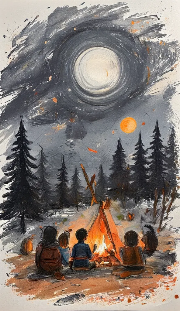 painting with simple lines ,  silhouette of the dark horizon and a family surrounding a fire in the distance, dark sky, 2d, beau...