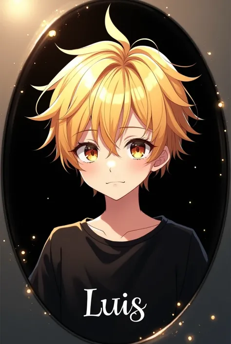 Create a background of an anime boy with blonde hair on the PC with a shiny black background of a round shape and written underneath the word Luis 