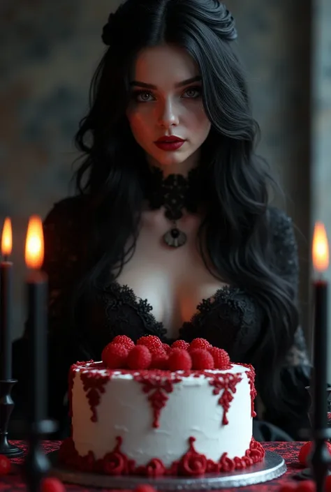    with long hair and black , having a birthday, As a Gothic theme ,   white cake with red details and black candles