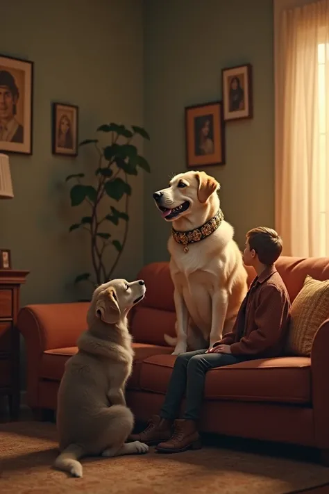 Reverse society ,  a dog sitting on a couch with a human at his side as a pet 